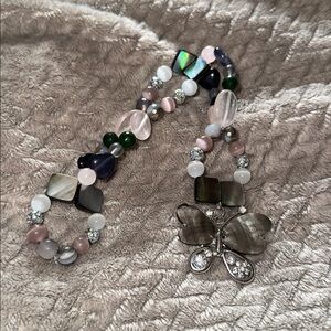 Mystical Mirrors HangCharm (Rose Quartz, Black Iridescent Shell, Canadian Jade)
